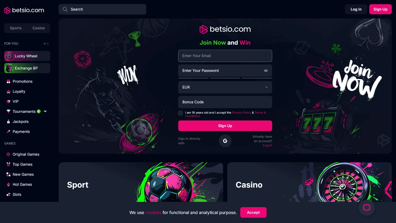 Betsio Casino home interface on a desktop screen