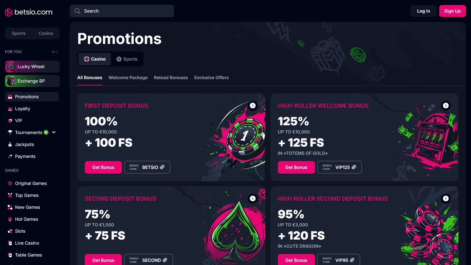 Betsio Casino promotions interface on a desktop screen