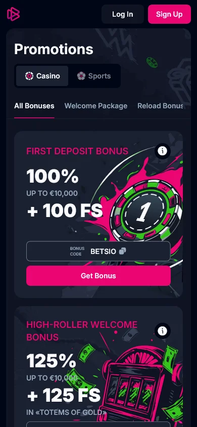 Betsio Casino promotions interface on a mobile phone